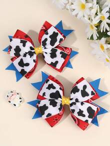 2pcs Cowboy Theme Hair Clips For Kids Girls,Cow Print Hair Bows,Cute Hairpins,Hair Bows For Daily Life,Birthday Party,Gifts For Girls - Multicolor - View 7