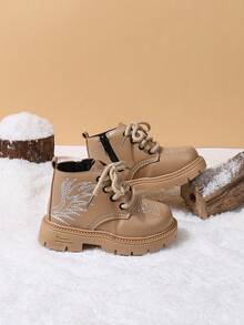 1 Pair Children's Chinese Style Embroidered Lace-Up Ankle Boots, Autumn/Winter New Side Zipper Thick Sole Work Boots - Khaki - View 5
