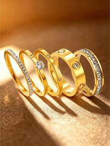 Camhanno 5pcs Dainty Stackable Stainless Steel Ring,18K Gold Plated Clover Crystal Band, Women Accessory - Gold - View 3