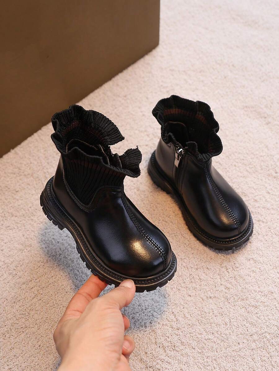 1 Pair Girls' Autumn/Winter Outdoor Fashion Black Boots, Versatile Style - Black - View 1