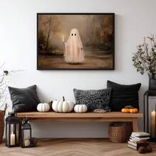 1pc Framed Canvas Wall Art, Cute Pink Ghost Holding Candle Canvas Wall Hanging, Vintage Autumn Forest Oil Painting, Dark Academia Style Halloween Atmosphere Decor, Suitable For Modern Home Decor, Room Decor, Dorm Decor, Bedroom Decor, Bathroom Decor, Kitchen Decor, Dining Room Decor, Living Room Decor, Office Decor, School Decor, Ghost Art, Gothic Halloween Poster, Halloween Decor, Halloween Home Decor, Ghost, Horror Decor - Pink Ghost - View 10