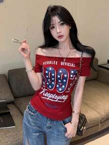 美式復古星星印花不對稱肩休閒性感短袖修身設計女款上衣 夏季紅色 - 紅色 - 查看 3