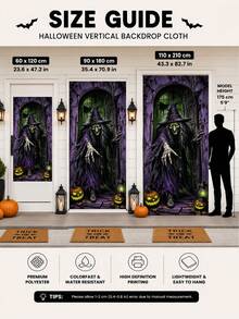 Halloween Witch Door Curtain Backdrop, Purple & Green Scary Witch Pumpkin Print Polyester Vertical Door Banner, High-Definition Printing Lightweight Easy To Hang, Suitable For Entrance Door, Hallway, Haunted House And Halloween Party Decoration - Witch - View 2