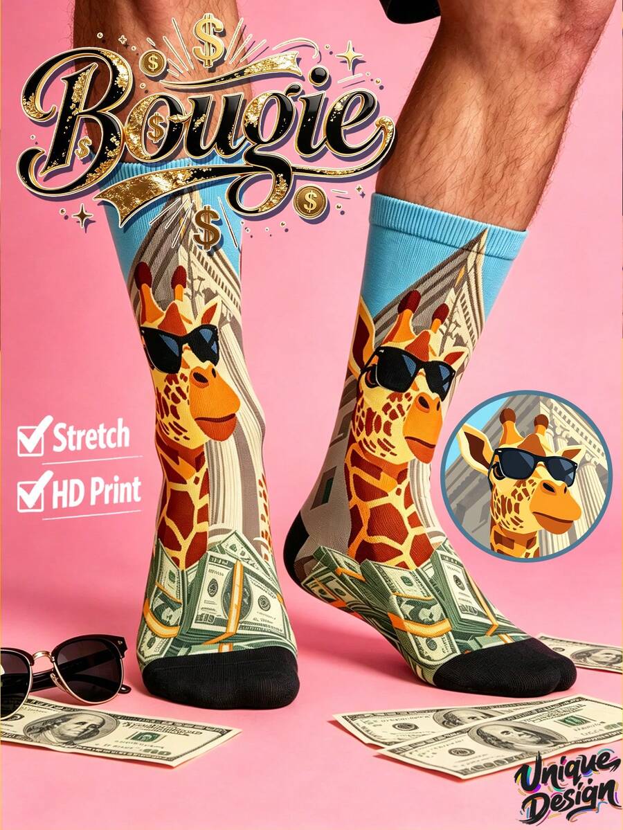 Cool 360° Printed Socks - Surfing Tropical Parrot & Luxury Wealthy Giraffe Dollar All-Over Print Mid-Calf Socks, Street Style Beach Hip-Hop Skateboard Casual Socks - Brown - View 1