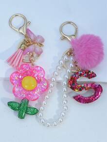 1pc Resin Starry Sky Epoxy Letter Keychain With Black Fur Ball Tassel Decor, Heart Pendant Gift For Friend And Mom - Hot Pink - View 15
