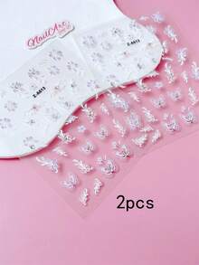 2pcs 5D Embossed Rhinestone Nail Sticker, Nails, DIY Decoration, Featuring White Snow Mowing, Aurora Iridescent Pink Purple Flowers, And Butterfly Patterns, Suitable For Creating Sweet, Dreamy, And Gentle Wedding Nail Art In Summer Nail Stickers - Multicolor - View 9