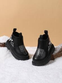 1 Pair Girls' Chinese Style Embroidered Chelsea Ankle Boots, Autumn/Winter New Side Zipper Thick Sole Boots - Black - View 1