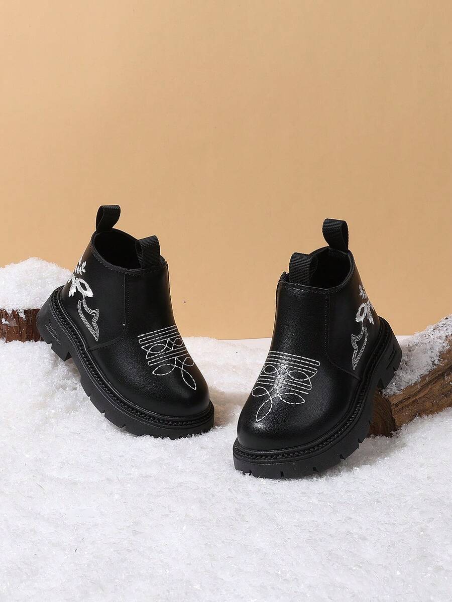 1 Pair Girls' Chinese Style Embroidered Chelsea Ankle Boots, Autumn/Winter New Side Zipper Thick Sole Boots - Black - View 1