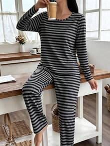 Spring/Autumn New Black & Grey Striped Women's Long Sleeve Pajama Set 2pcs, Fashionable Versatile Long Sleeve & Long Pants Loungewear, Soft Comfortable Casual Home Wear Suitable For Outdoor Wear - Multicolor - View 4