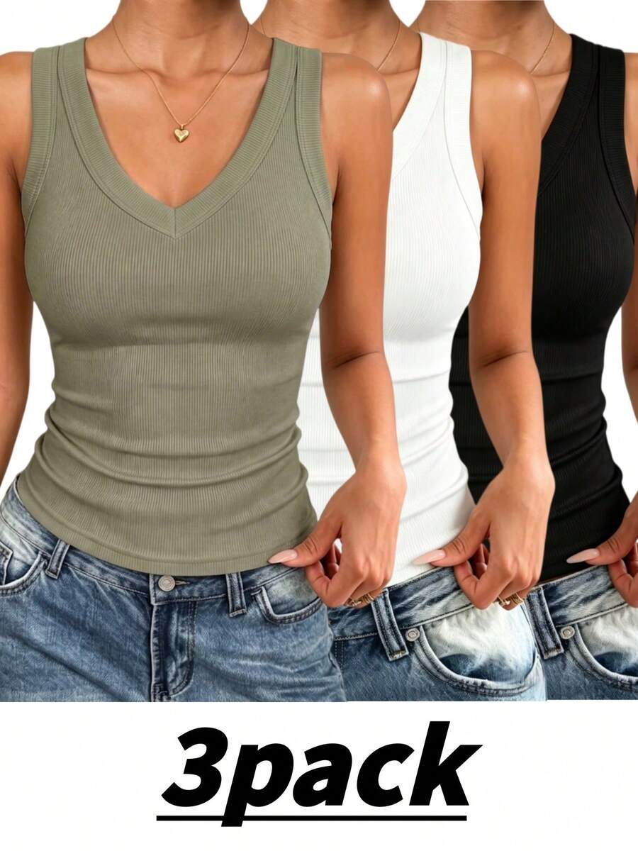 Women's 3pcs V-Neck Tank Tops Summer Style Sleeveless Backless Ribbed High Neck Basic Fashion Clothing - Multicolor - View 1