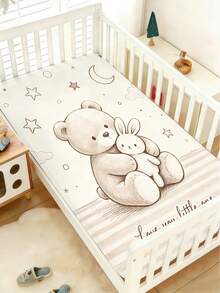 1PC Beige Bear Bunny Star Moon Print Baby Crib Fitted Sheet,110g Polyester Fabric Mattress Cover,For Neutral Nursery Daily Use Baby Gift All Seasons - Multicolor - View 2