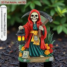 [2D Flat] 1pc 2D Flat Acrylic Garden Stake, Used For Garden And Potted Plants, Red Cape Skeleton With Scythe, Used For Decorating Yard And Potted Plants, Perfect For Decorations And Outdoor Decor, Halloween Decoration Stake, 2D Flat, No Electricity - A - View 7