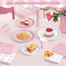 24件組粉色蝴蝶結紙盤杯子餐巾紙，蝴蝶結一次性盤子，生日派對蛋糕甜點盤，餐具餐盤套裝用品服務盤托盤 - 彩色 - 查看 8