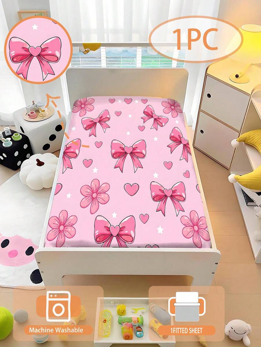 1件 110G 粉色蝴蝶結愛心花卉印花貼身床單 可機洗 100%聚酯纖維 女孩兒童房 幼兒床 嬰兒房 嬰兒床 嬰兒推車 - 彩色 - 查看 1