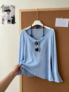Atasan Camisole Musim Semi/Panas Lembut Tipis untuk Berlapis, Model Lengan Lonceng Bergelombang dengan Hem Asimetris, Atasan Kasual untuk Berlapis. - Biru muda - View 2