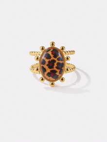 Kryxie 1pc 18K Gold Plated Stainless Steel Chunky Leopard & Tortoiseshell Stackable Ring, Suitable For Women To Wear Casually Or At Gatherings In Summer - Multicolor - View 4