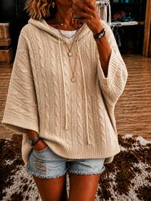 Solid Color Knit Drawstring Casual Versatile Commute Loose Hooded Pullover Sweater Holiday College Vacation Daily Date Single Party Travel Fall - Apricot - View 1