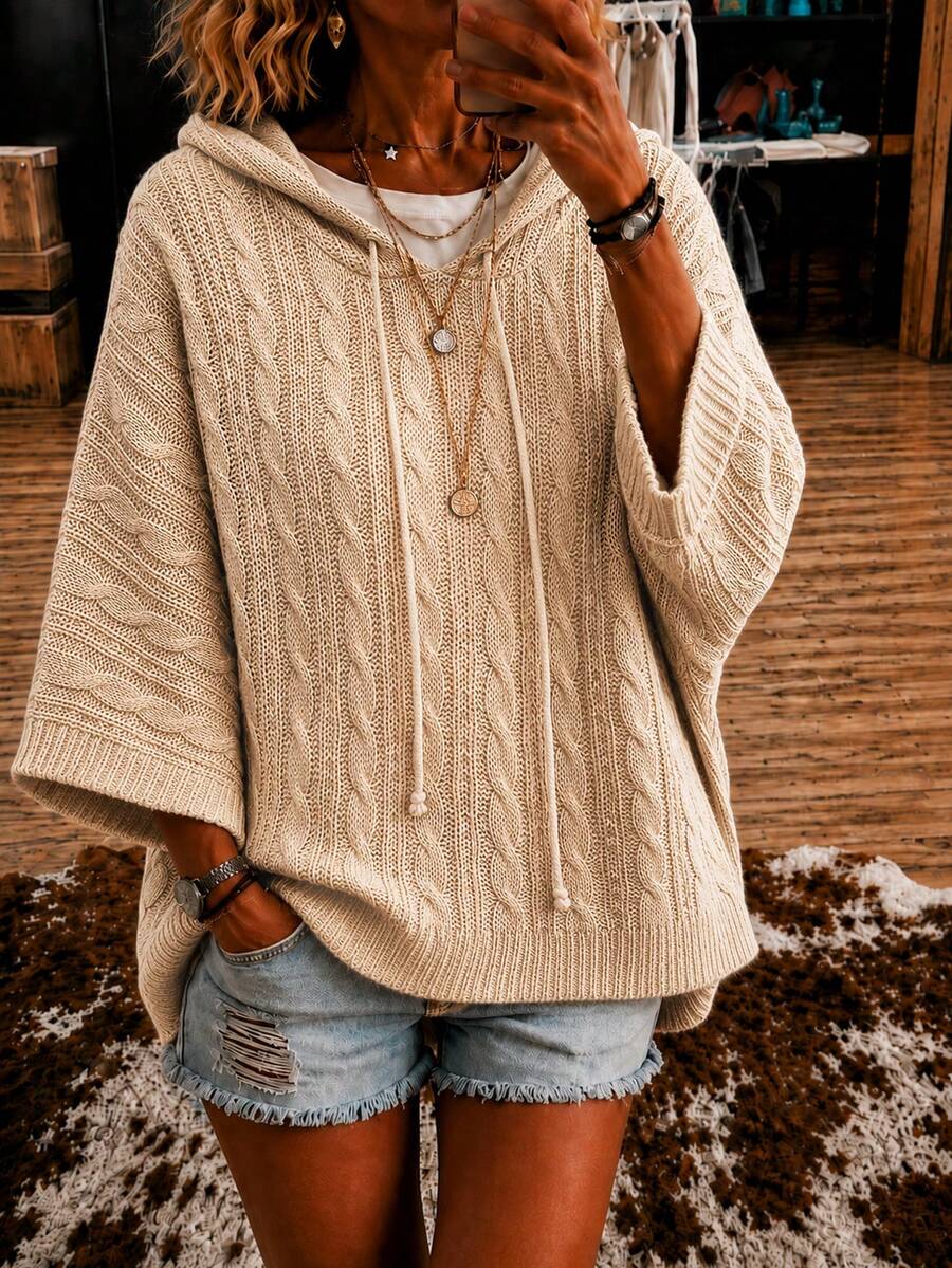 Solid Color Knit Drawstring Casual Versatile Commute Loose Hooded Pullover Sweater Holiday College Vacation Daily Date Single Party Travel Fall - Apricot - View 1