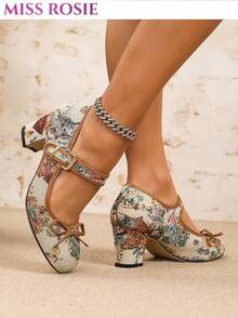 [MISS ROSIE]Women's Shoes,  Elegant Mary Jane Heels: Round Toe, Hollow T-Strap, Thick Heel, Perfect For Parties, Weddings, Business & Trips. - 棕色 - 查看 2