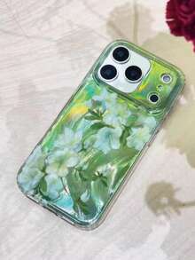 1pc Fresh Green Swirl Oil Painting White Azalea Flower Print Phone Case, Iridescent Semi-Transparent Anti-Yellow Shockproof Soft TPU Cover, Cottagecore Aesthetic Gift For Girls, Compatible With IPhone11,12,13,14,15,16,17,17 Pro,17 Pro Max - Multicolor - View 3