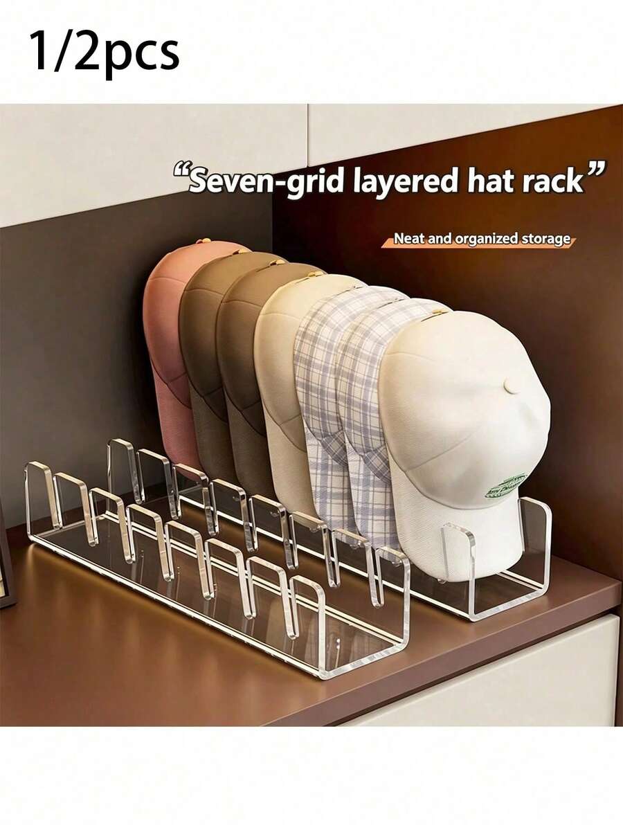 1/2pcs Acrylic Baseball Cap Display Rack, Can Store 14 Hats, Suitable For Bedroom, Closet, Vanity, Transparent - Multicolor - View 1
