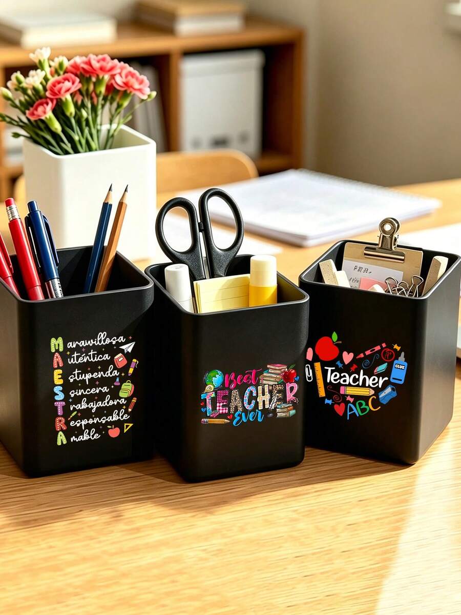 Teacher's Day Main Image Print Multifunctional Storage Box, Teacher's Day Office Essential, Desktop Organization Tool, Desktop Storage Tube, Business A5 Notebook, Office Meeting Notes Simple Notebook, Student Bound Notebook, Large Capacity Desktop Storage Box, Makeup Brush Storage Bucket, Pen Holder, Makeup Brush Holder, Can Hold Makeup Brushes, Pens, Remote Controls, Tableware And Small Items, Suitable For Home, Bathroom, Kitchen, Office, Bedroom, Dorm, Desktop, Living Room Compact Space-Saving Storage Supplies, Holiday, Birthday, Back To School Essential - Multicolor - View 1