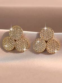 1 Pair Fashion Gold Three-Ring Clover Cubic Zirconia Stud Earrings For Women, Wedding Birthday Anniversary Gift, Daily Decor Copper Earrings - Yellow Gold - View 6