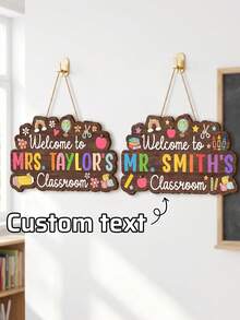 1pc Personalized Teacher Classroom Door Sign, Custom Wooden Hanging Door Hanger, 2D Welcome Sign, Welcome To Teacher Classroom Decor Gift, Gift For Teacher,Personalized Gifts, Back To School Gifts - Multicolor - View 1