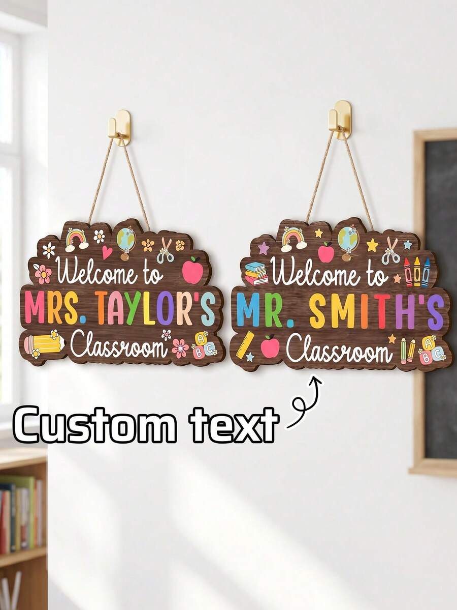 1pc Personalized Teacher Classroom Door Sign, Custom Wooden Hanging Door Hanger, 2D Welcome Sign, Welcome To Teacher Classroom Decor Gift, Gift For Teacher,Personalized Gifts, Back To School Gifts - Multicolor - View 1