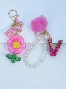 1pc Resin Starry Sky Epoxy Letter Keychain With Black Fur Ball Tassel Decor, Heart Pendant Gift For Friend And Mom - Hot Pink - View 28