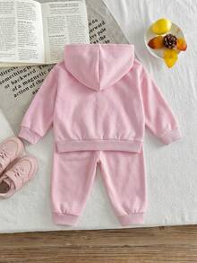 2pcs/Set Girls Toddler Autumn/Winter Zip-Up Hooded Jacket & Jogger Pants, Minimalist Cute Young Girl Sports Outfit - Pink - View 2