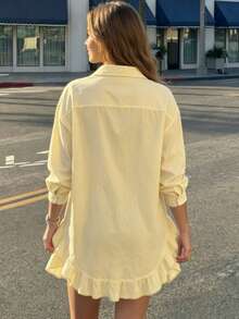 Women's Fashion Yellow Long Sleeve Shirt, Decorated With Ruffle Trim And Ruffle Hem, Woven Fabric, Cropped Design - Yellow - View 10