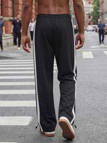 Plus Size Men's Side Contrast Stripe Sweatpants, Draped Straight Leg Wide Leg, Elastic Waist Drawstring Casual Sports Long Pants - Black - View 7