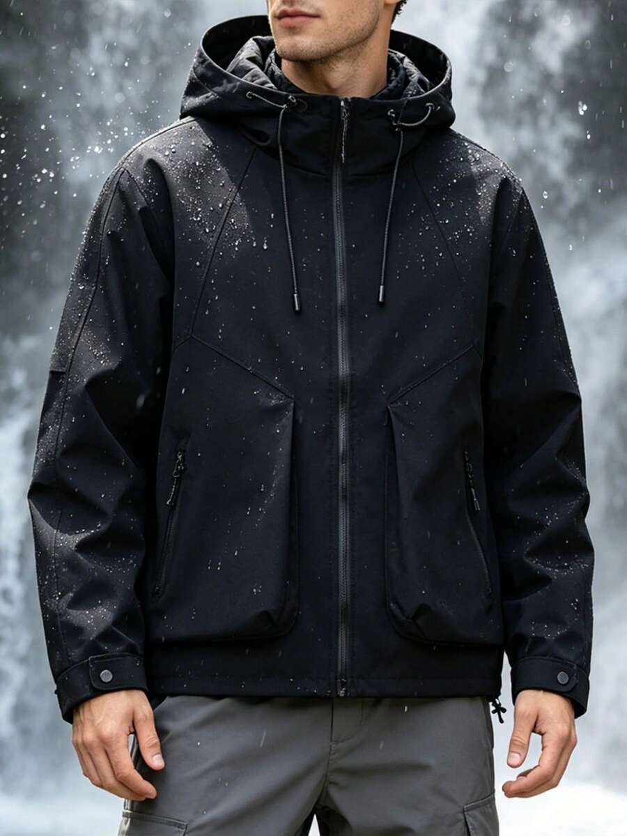 1 buah Jaket Outdoor Pria Musim Semi/Gugur Berkerudung, Tudung dengan Tali Serut yang Dapat Diatur, Kantong Samping dengan Resleting, Cocok untuk Mendaki dan Mendaki Gunung - Hitam - View 1