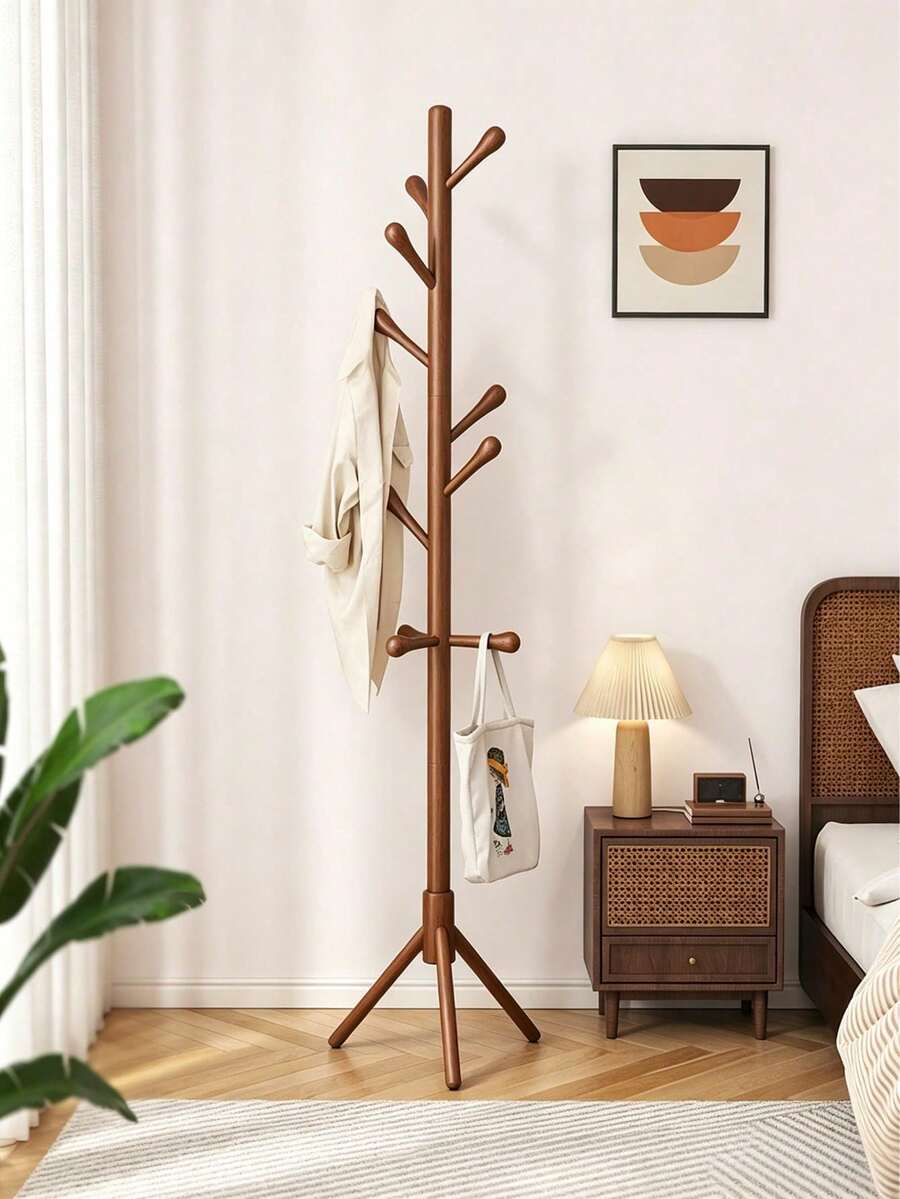 Solid Wood Floor-Standing Coat Rack With Multiple Hooks And A Stable Triangular Base. It Saves Space And Features Strong Load-Bearing Capacity. You Can Hang Clothes, Bags And Hats On It, Making It A Practical Household Item For Entryways And Bedrooms - Multicolor - View 1