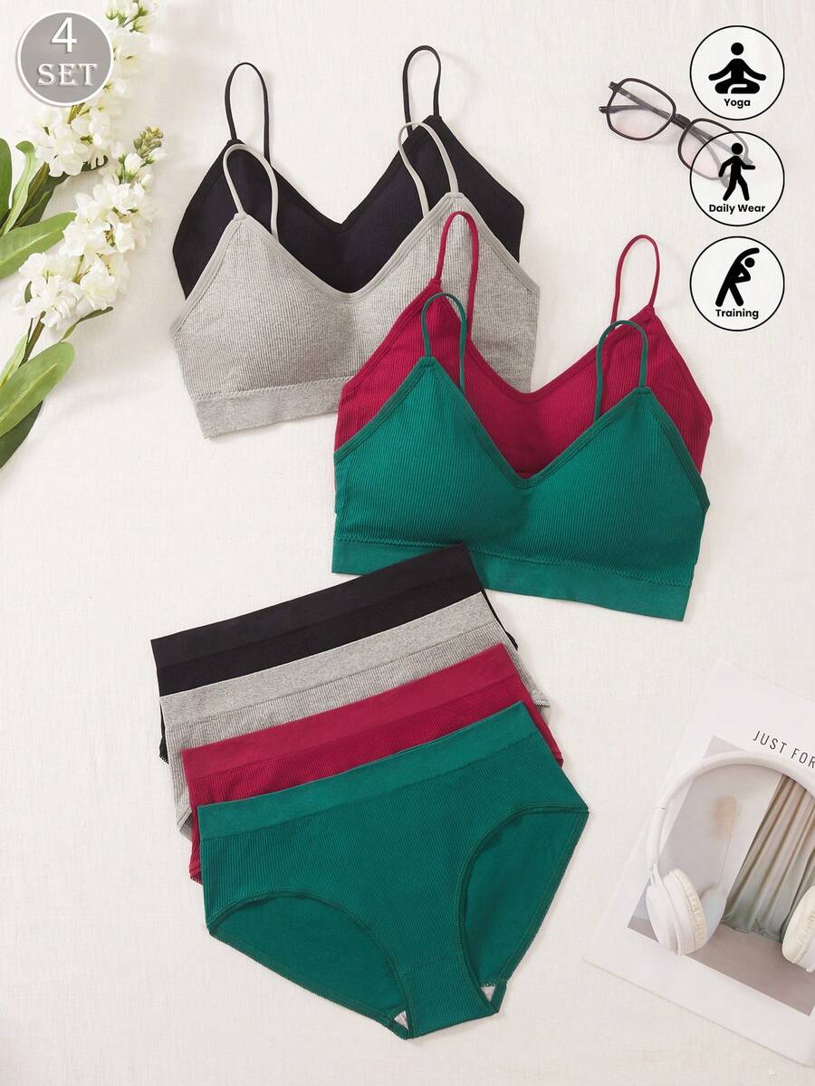 4pcs/Set European Style Plus Size Sports Bra & Panty Set, Seamless Cotton Lingerie For Women