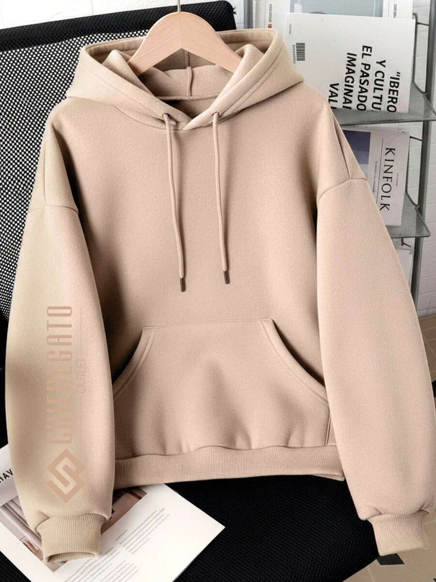 Unisex Kids' Plain Kangaroo Hoodie, Soft And Comfortable Sweatshirt, Ideal For School And Everyday Wear, Winter/Autumn, Sizes 2 To 16, Premium - 杏色 - 查看 1