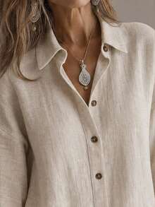 Women's Vintage Linen Lapel Collar Shirt, Dropped Shoulder 3/4 Sleeve With Button Detail, Autumn Casual Wear - Apricot - View 7