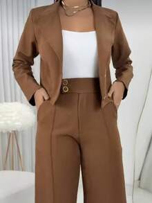 Conjunto Feminino Plus Size Alfaiataria Premium Carol 2 Peças Blazer Curto Calça Pantalona Cintura Alta Social Elegante Casual G G1 Bege Marrom Verde militar Preto envio imediato - Marrom - Visão 5