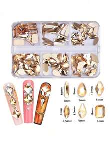 6-Grid Box Assorted Color Shaped Gold Shadow Nail Rhinestones Nail Art Decorations Flat Back 3D DIY Nail Art Nail Charms - 金色 - 查看 2
