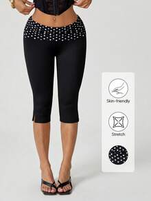Black Polka Dot Side Slit Casual Skinny Capri Leggings For Women, Autumn, Back To School Summer - Black - View 7