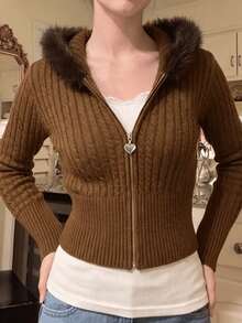 Women's Knitted Off-Shoulder Polka Dot Long Sleeve Pullover Sweater, Suitable For Autumn Wear - Brown - View 2