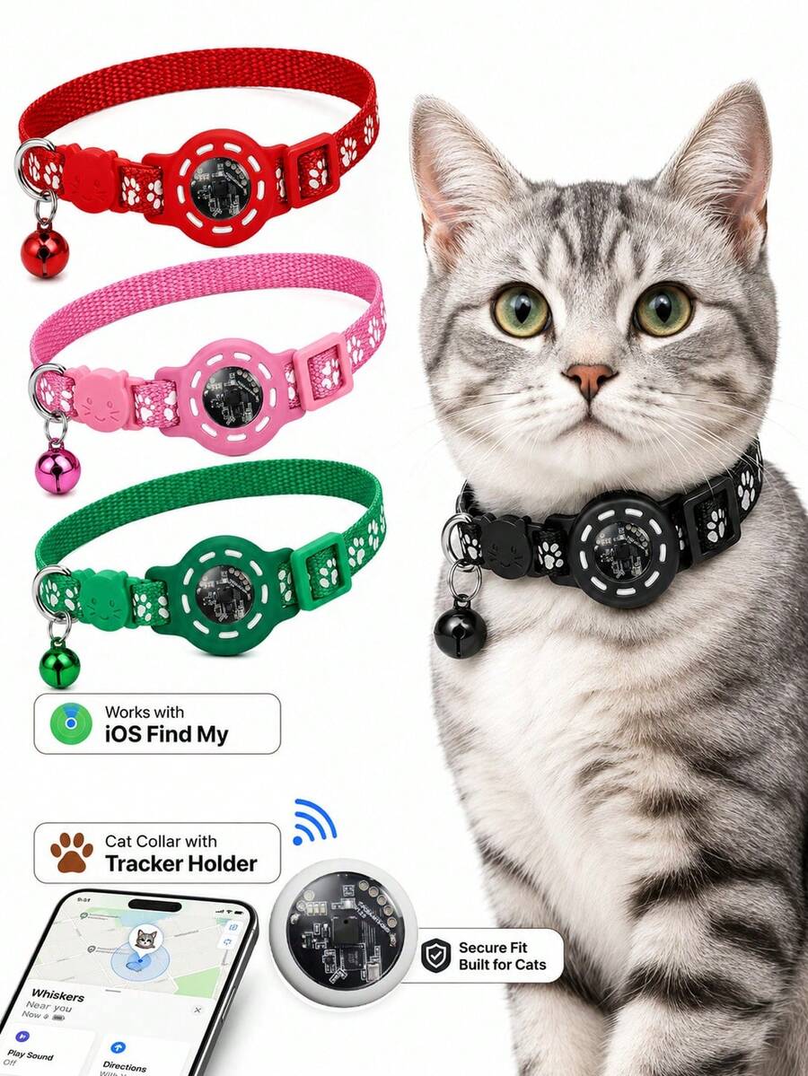 Katt GPS-spårare, mini GPS-husdjursspårare med halsband, IPX8 vattentätt kattspårningshalsband, ingen månadsavgift, stöder Apple Find My (endast iOS), smart husdjursspårare - Multifärgad - Visa 1