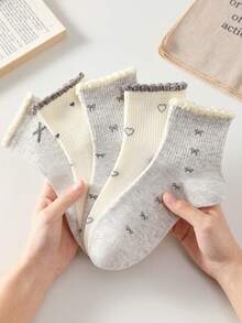 4 pares de calcetines de media caña para mujer con patrón de lazo y corazón, transpirables y cómodos, color aleatorio, adecuados para uso diario y salidas, estilo para todas las estaciones - Multicolor - Ver 4