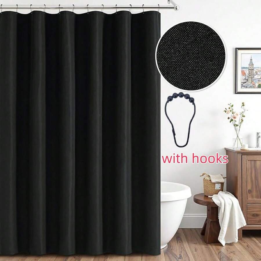 1 buah Tirai Mandi Tebal, Tirai Mandi Linen Imitasi Hitam dengan Pengait - Kain Tebal dan Cepat Kering untuk Privasi dan Dekorasi Kamar Mandi - Hitam - View 1