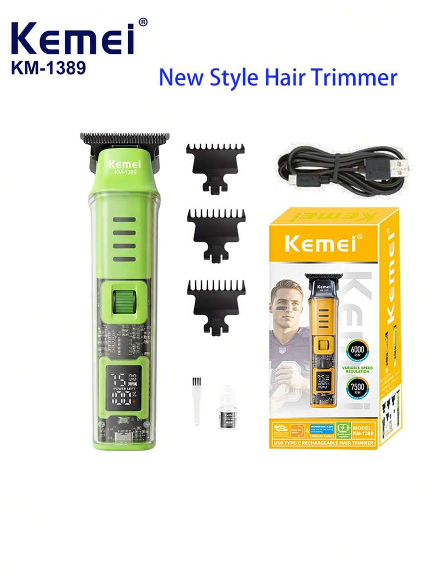 Kemei Cortadora de pelo profesional para barbería, cortadora de velocidad ajustable, diseño transparente con pantalla LED, nueva cortadora KM-1389, regalo para hombres cortadora de barba