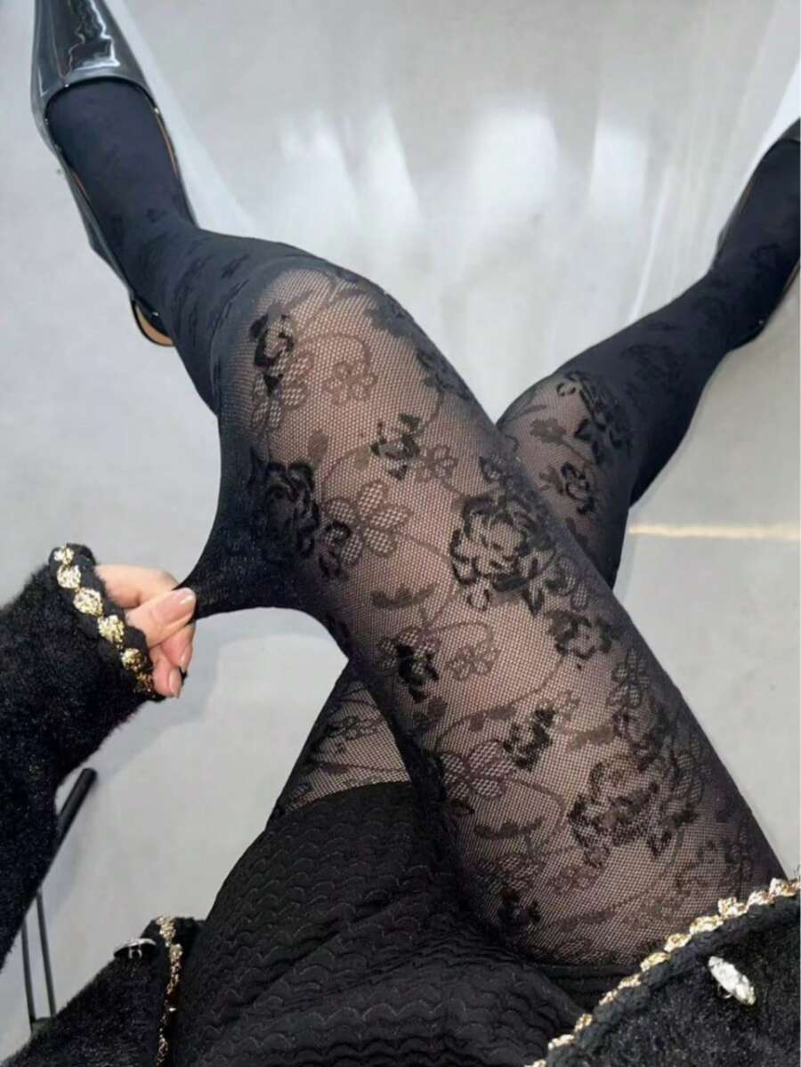 1 Pair Vintage Dark Hollow Lace Gothic Court Rose Flocked Tights, Subculture Y2K Hot Girl Stockings - Multicolor - View 1