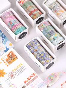 5 Rolls Of Boxed Floral Pattern Handbook Tape, Transparent Waterproof PET Tape, Personalized Fresh Student Handmade DIY Scrapbook Decoration Material Tape,Back To School,School Supplies - Sets - View 3