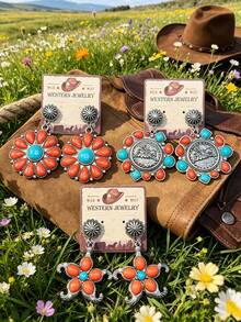 3 styles de boucles d'oreilles à tige vintage western orange-rouge turquoise, forme de tournesol/forme ronde de pièce embossée/forme de croix enroulée, accessoires de cowboy bohème western, convient pour les hauts en denim à décolleté bas, les voyages dans le désert, les tenues de style américain vintage, la combinaison de couleurs orange-rouge + bleu turquoise est la combinaison de couleurs emblématique des bijoux western - Style bohème - Voir 1