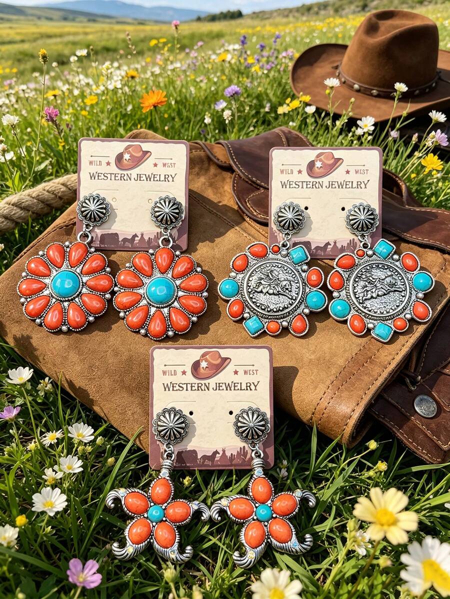 3 styles de boucles d'oreilles à tige vintage western orange-rouge turquoise, forme de tournesol/forme ronde de pièce embossée/forme de croix enroulée, accessoires de cowboy bohème western, convient pour les hauts en denim à décolleté bas, les voyages dans le désert, les tenues de style américain vintage, la combinaison de couleurs orange-rouge + bleu turquoise est la combinaison de couleurs emblématique des bijoux western - Style bohème - Voir 1